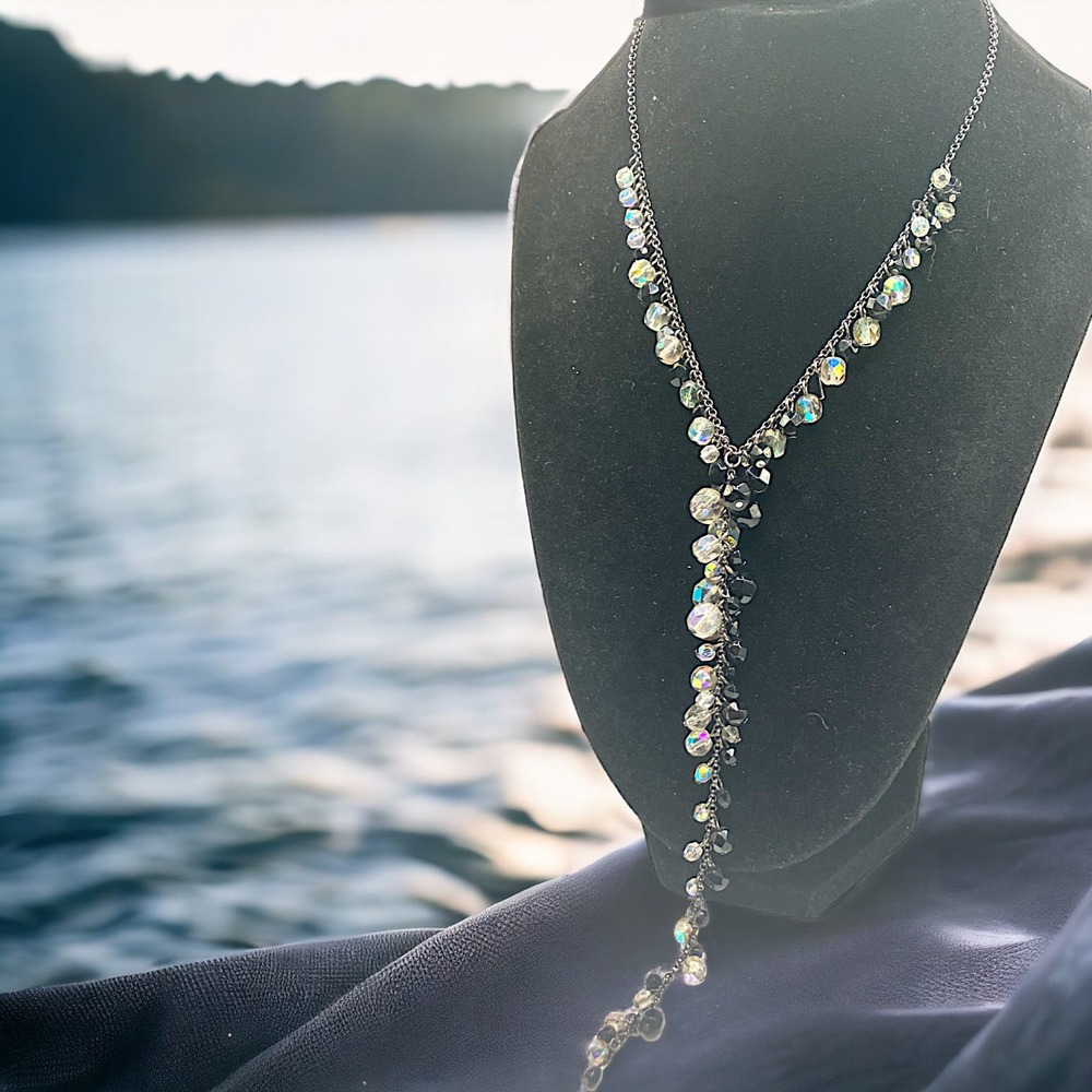 Sven Sterling Silver Black Clear Beaded Gun Metal Gray Colored Chain Necklace!
